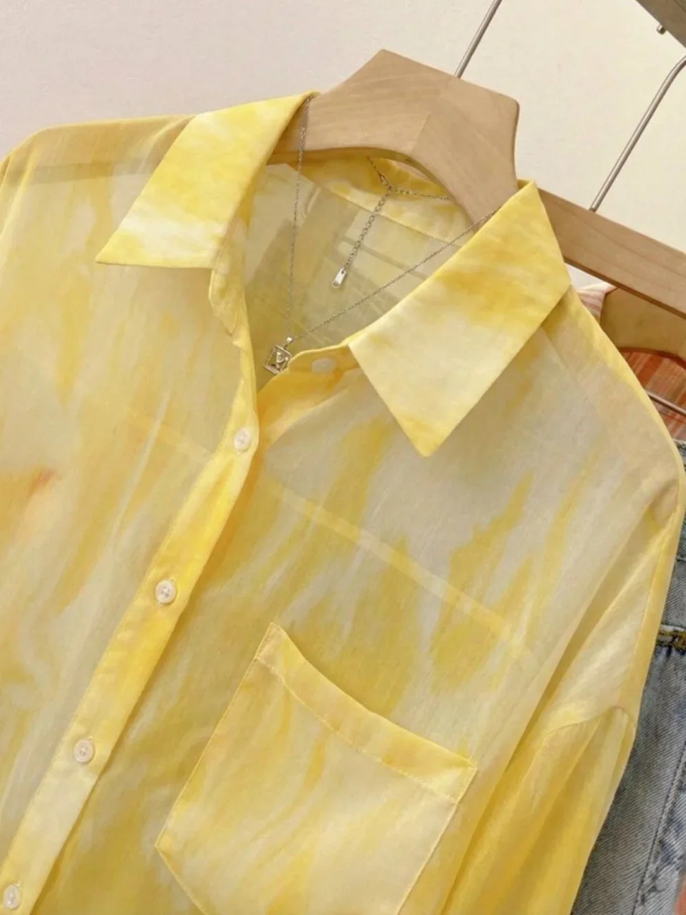 Yellow Casual Tie-Dye Women's Lightweight Sheer Long Sleeve button down Blouse - Picture 7 of 10